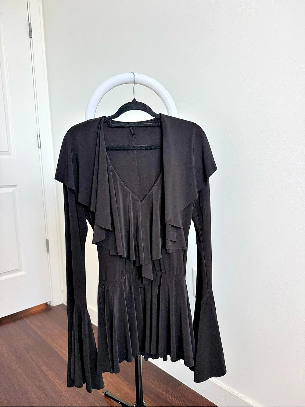 Norma Kamali Deep V-Neck Ruffle Black Dress Mini Dress — image 5 of 7